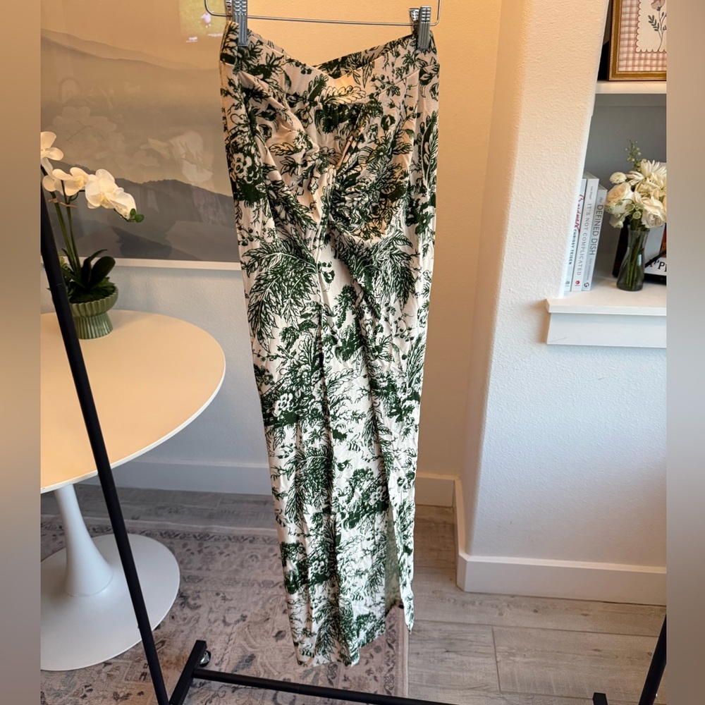 Anthropologie Cream Maxi Skirt with Dark Green Botanical Print
